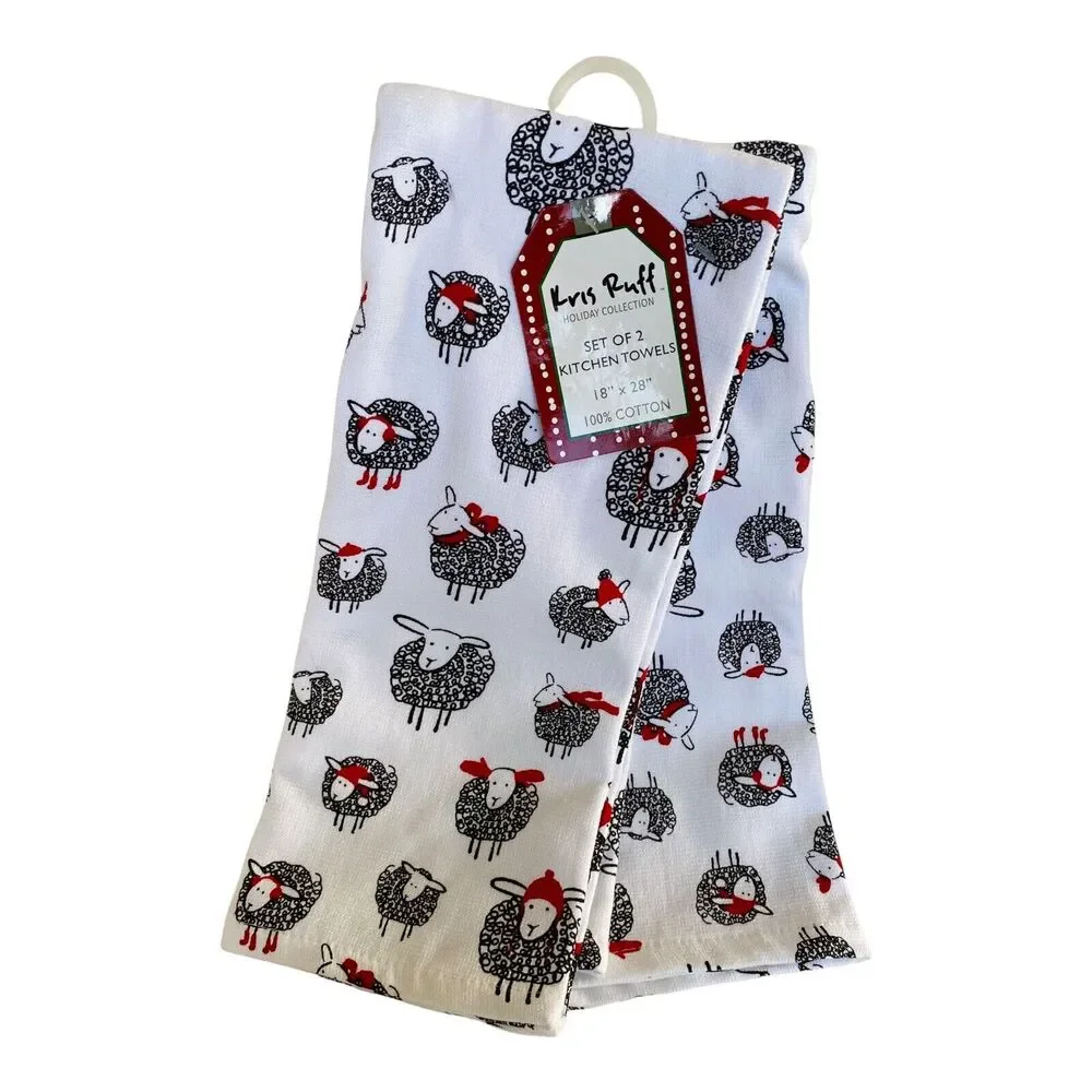 NWT Holiday Christmas Black & White Sheep 2 piece Kitchen Tea Towel Set Gift
